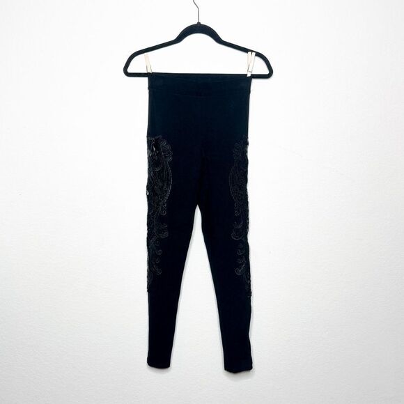 Bebe Women's Black High-Waisted Leggings with Sheer Lace Appliqué Detail Bebe XS - Picture 1 of 9